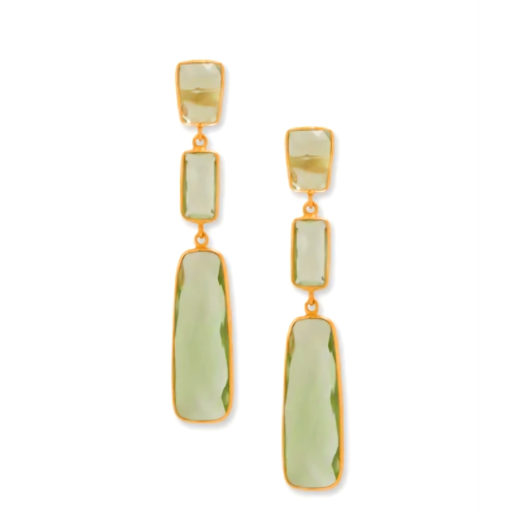 14KT GOLD PLATED RECTANGLE PRASIOLITE DROP EARRINGS - Picture 1 of 2